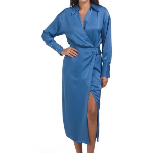 Wedding Guest Dress by Ramy Brook Aurora True Blue Satin Wrap Midi Dress Size 8 - Picture 1 of 6